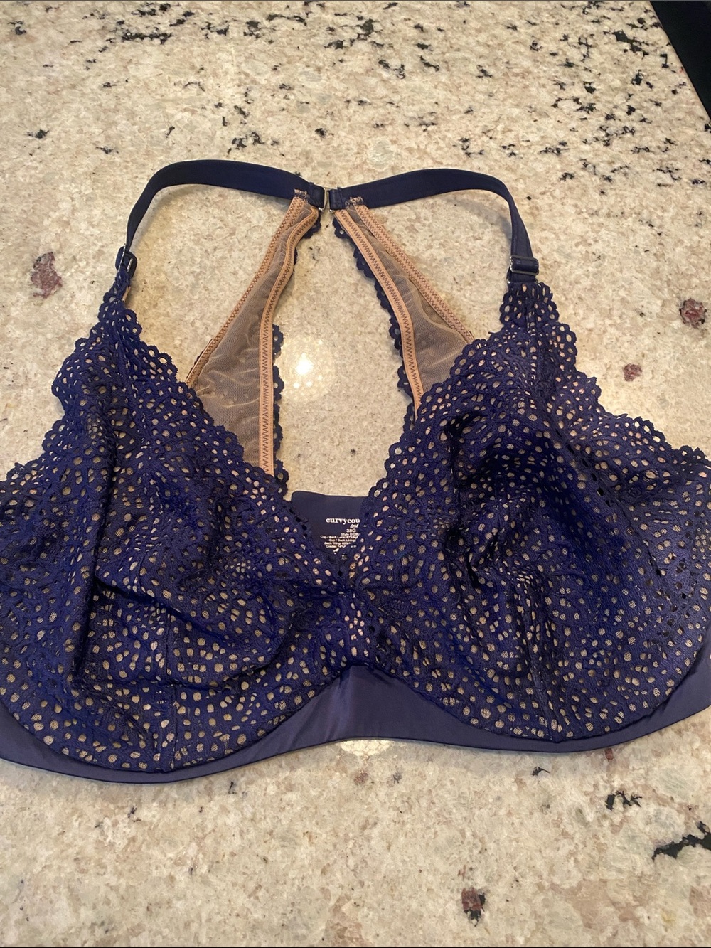 Curvy Couture Navy Lace Underwire Bra with Nude Mesh Lining